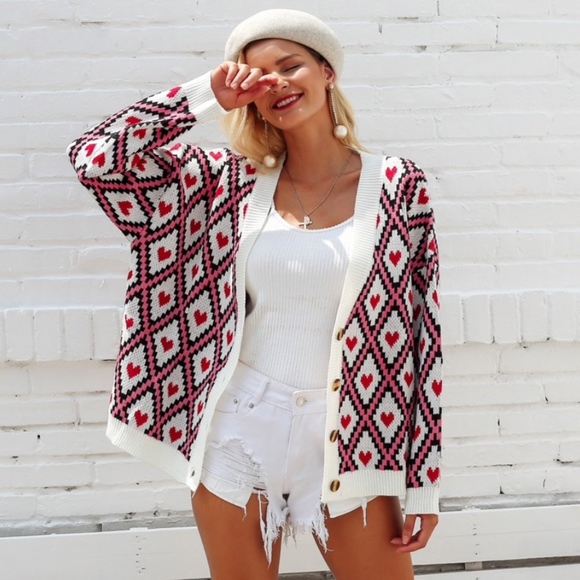 Rouge! Sweaters - Hearts Printed Buttoned Cardigan with Pockets